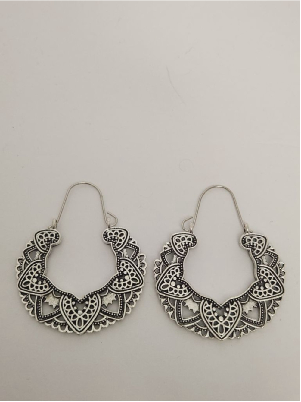 Silver Toned Crescent Bohemian Filigree Earrings With intricate designs
